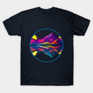 Synthwave Mountains: Cubist Geometric Lake and Mountain Sunset T-Shirt